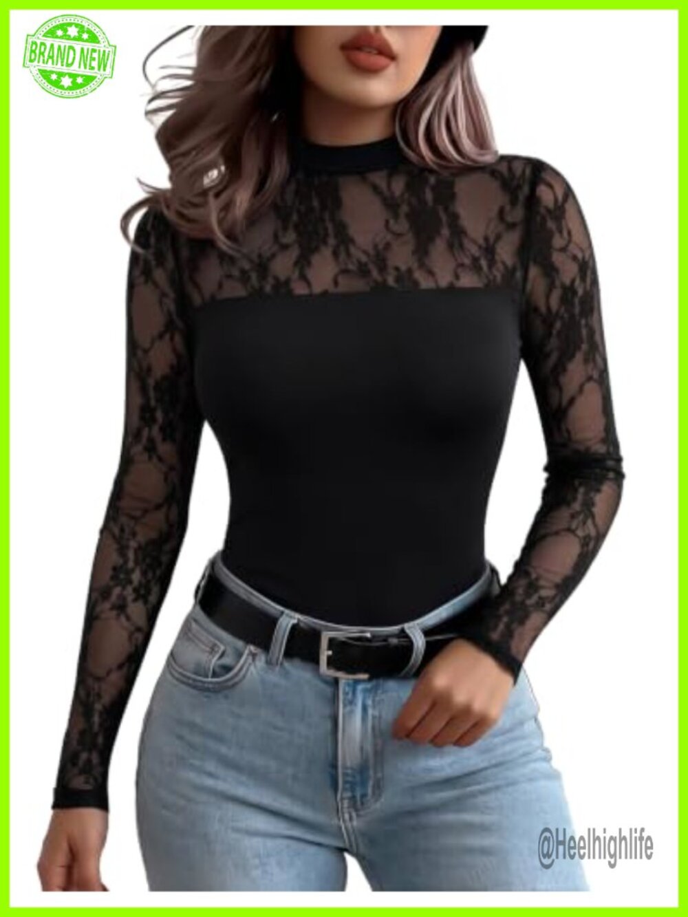 Zeagoo Women's Long Sleeve Lace Mesh Sheer Blouse Slim Fit Top